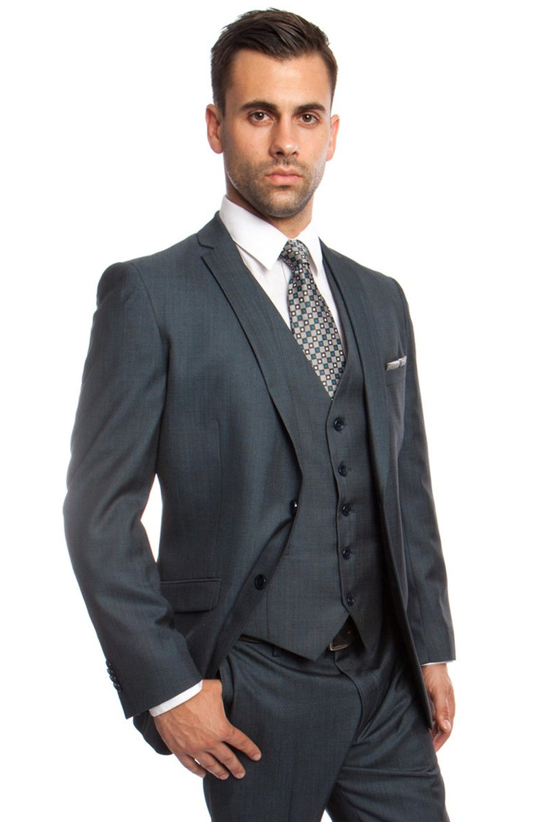 Men’s Two Button Vested Business Sharkskin Suit in Indigo Blue