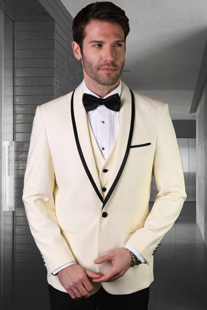 Men’s Designer Vested Satin Trim Shawl Wedding & Prom Tuxedo in Ivory Off White