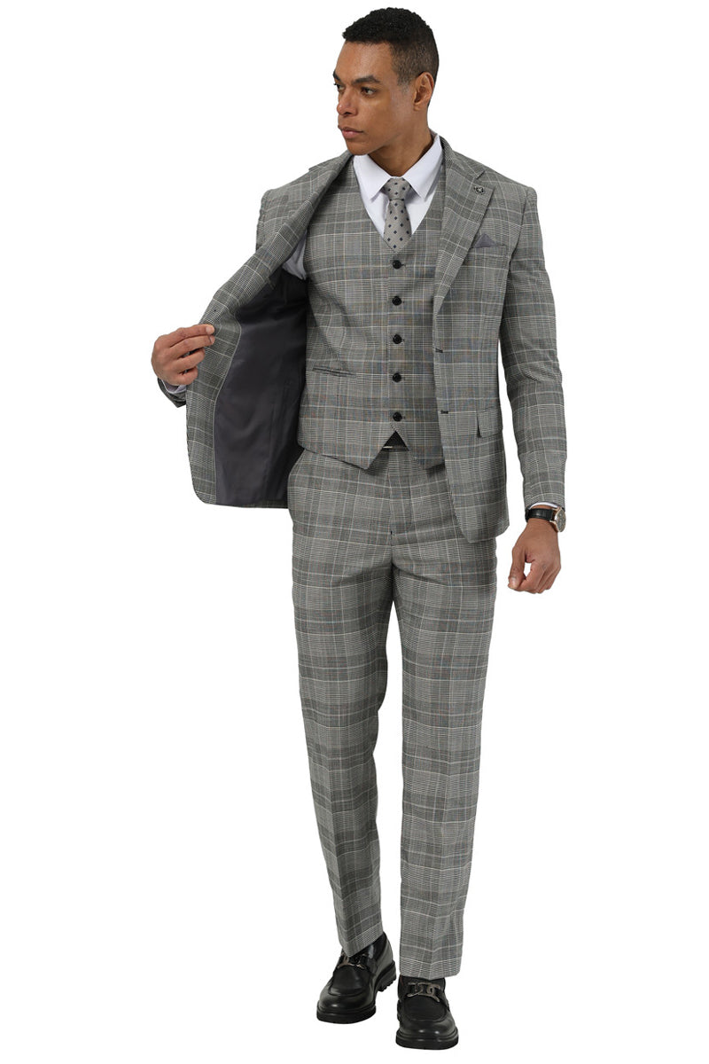 Men’s Stacy Adams Two Button Wide Notch Lapel Vested Suit in Grey Glen Plaid