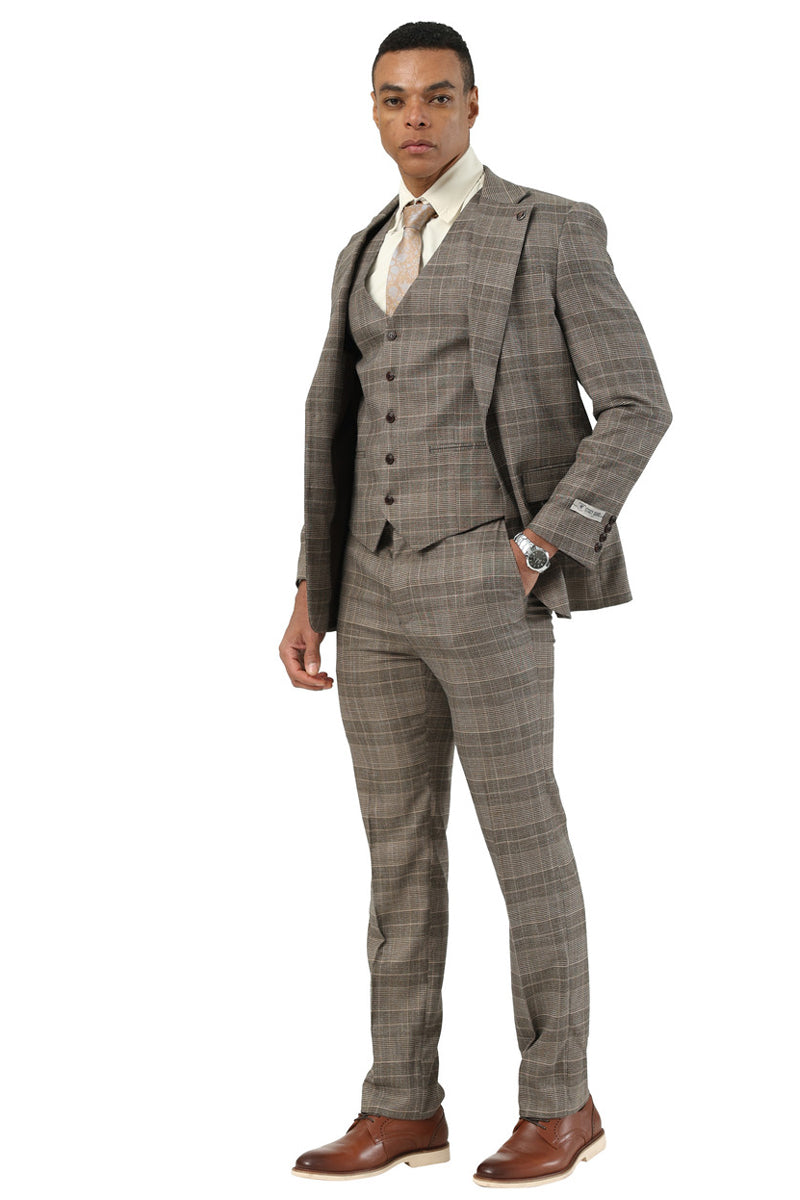 Men’s Stacy Adams Two Button Wide Notch Lapel Vested Suit in Brown Glen Plaid