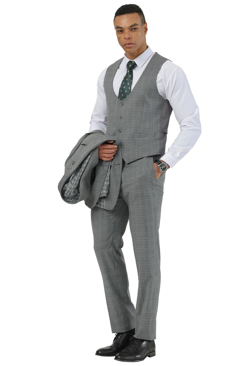 Men’s Stacy Adams Two Button Peak Lapel Suit with Scoop Vest in Grey Glen Plaid
