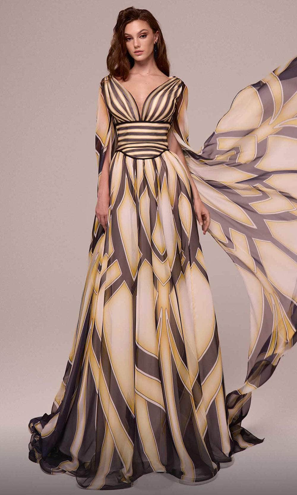 Printed Long Cape Sleeve Evening Gown