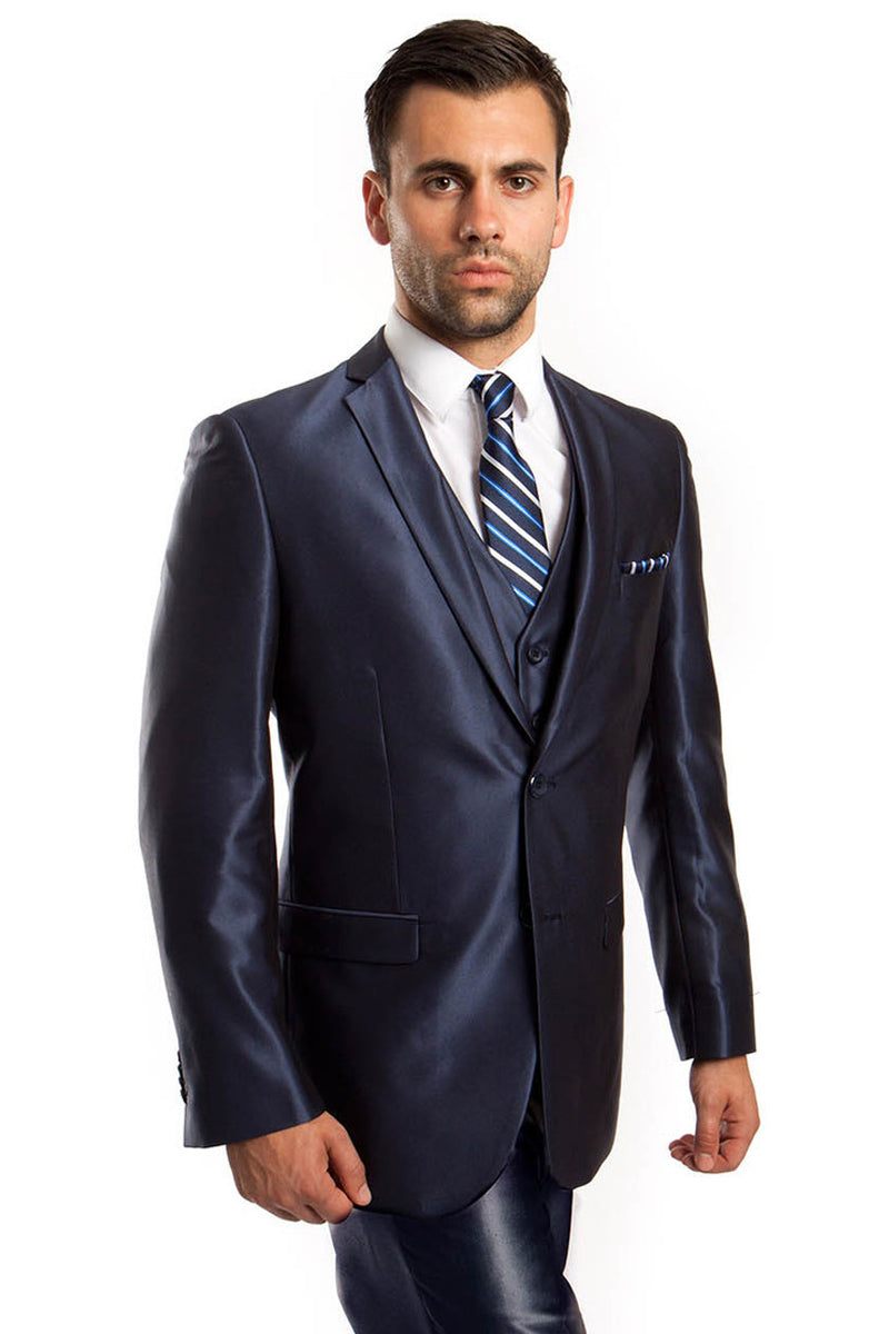 Men’s Two Button Vested Shiny Sharkskin Wedding & Prom Fashion Suit in Navy Blue