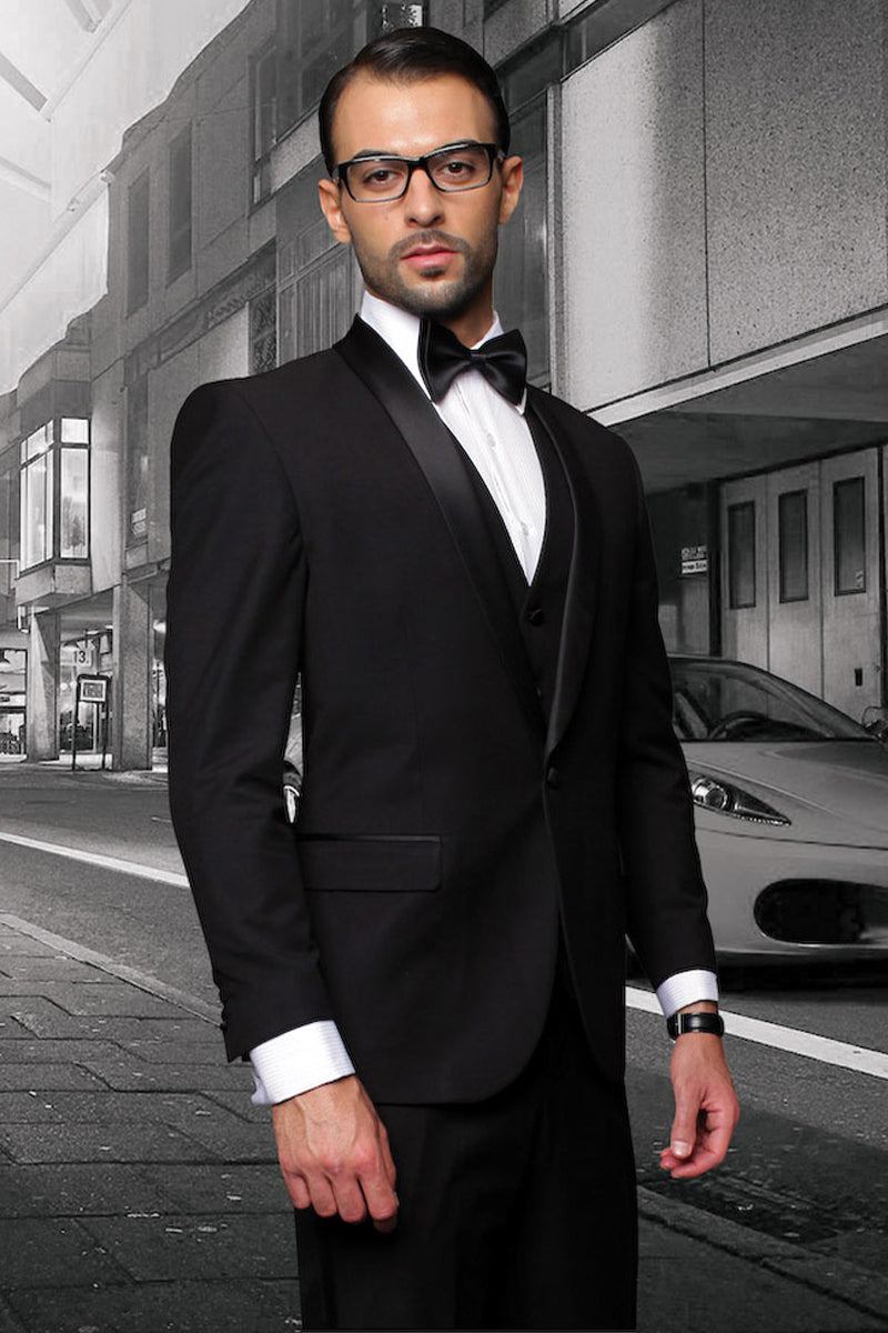 Men’s Designer Wool One Button Shawl Lapel Wedding Tuxedo in Black