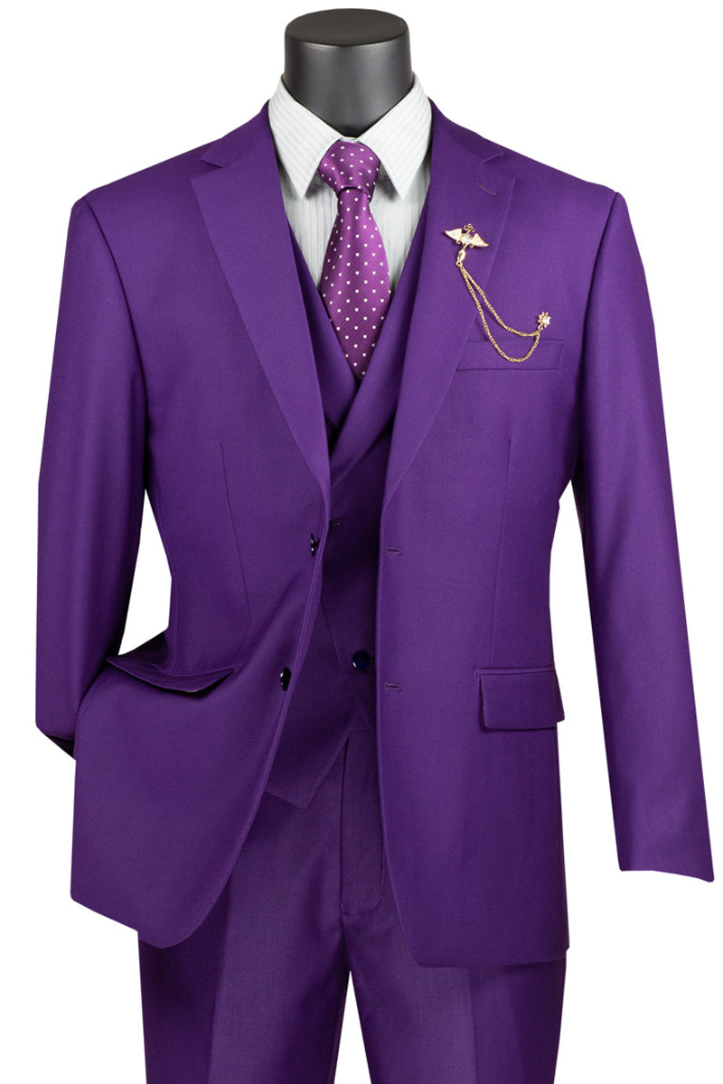 Men’s 2 Button Modern Fit Suit with Double Breasted Peak Lapel Vest in Purple