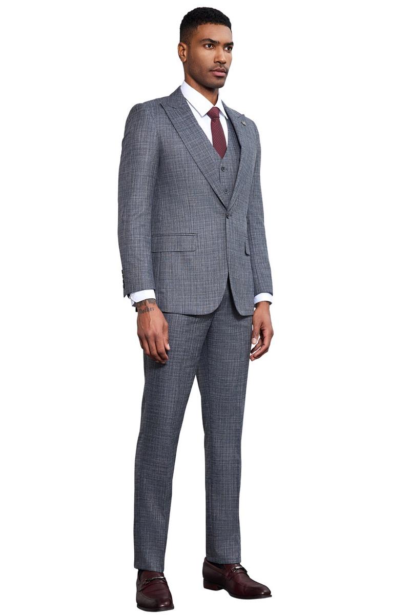 Men’s Stacy Adams Vested Sharkskin Weave Pattern Suit in Grey