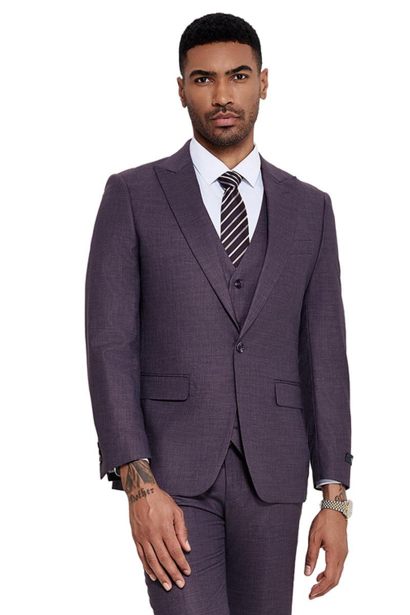 Men’s One Button Wide Peak Lapel Vested Slim Fit Suit in Eggplant Purple