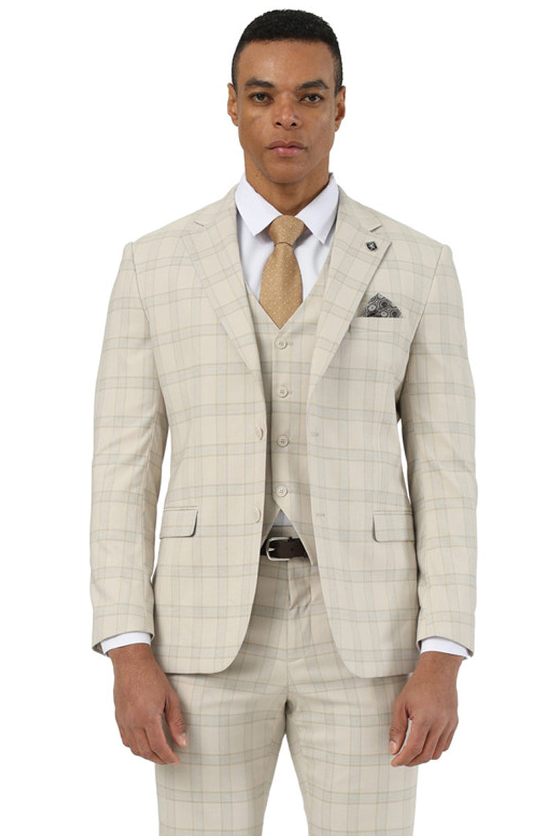 Men’s Designer Stacy Adams Vested Glen Plaid Suit in Beige
