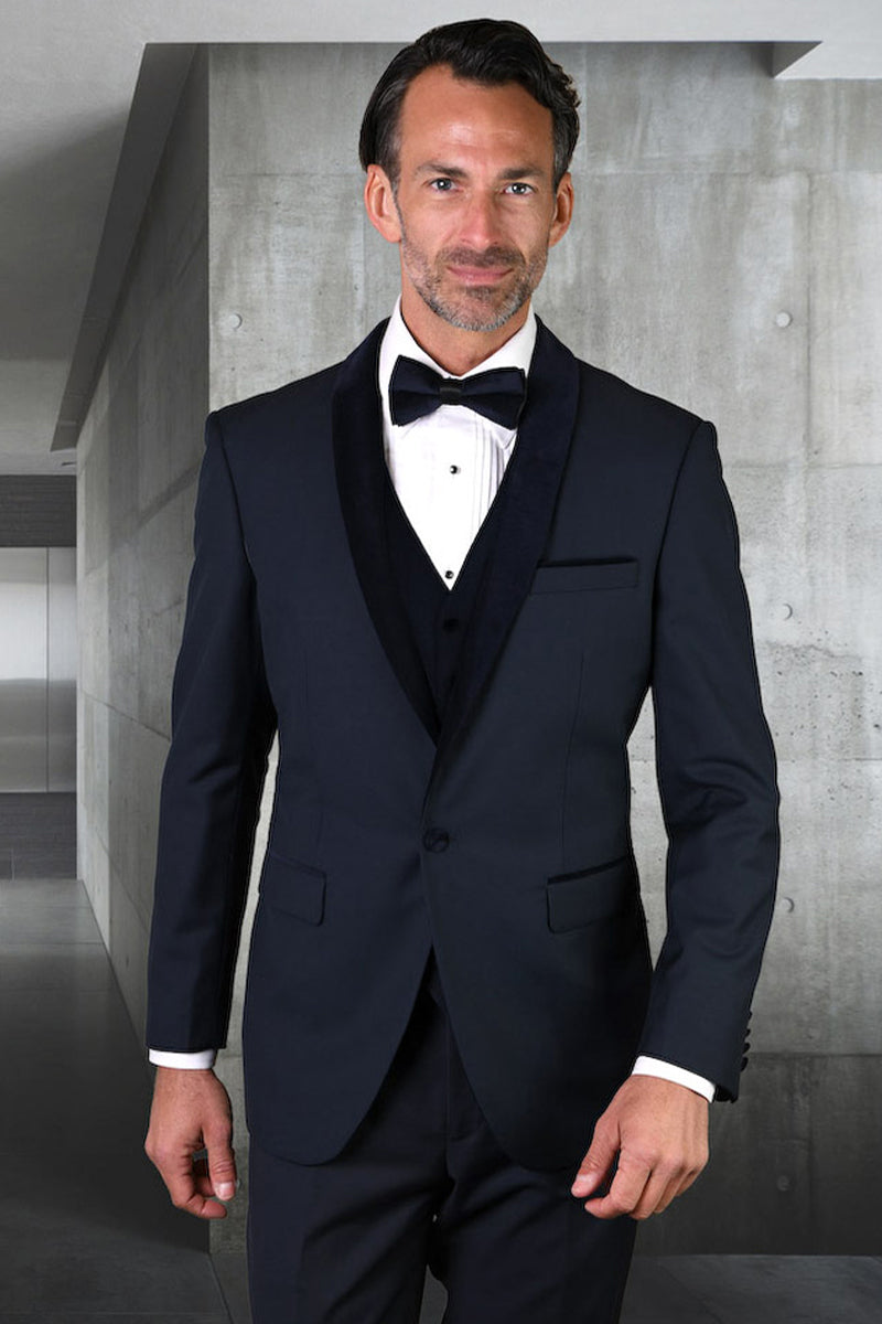 Men’s Vested Classic Dinner Jacket Wedding Tuxedo with Velvet Lapel in Navy Blue