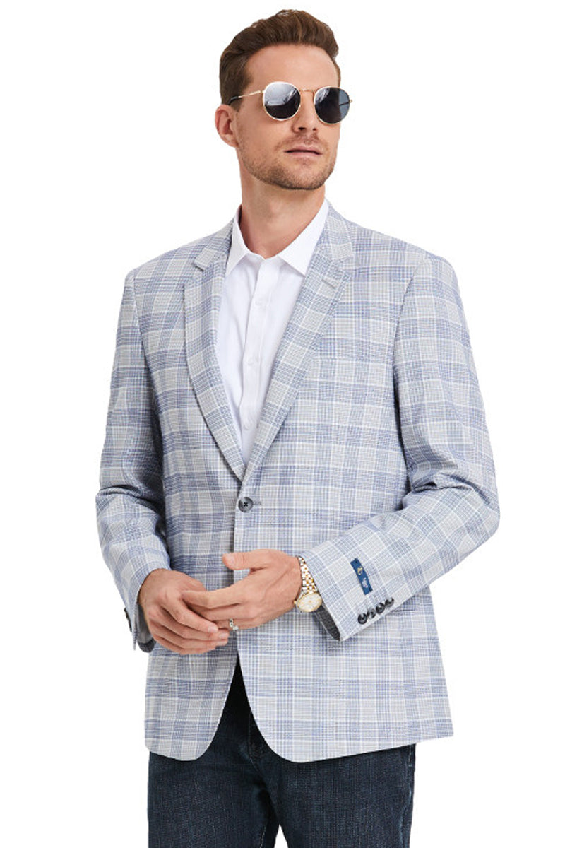 Men’s Two Button Business Casual Glen Plaid Sports Coat in Grey & Blue