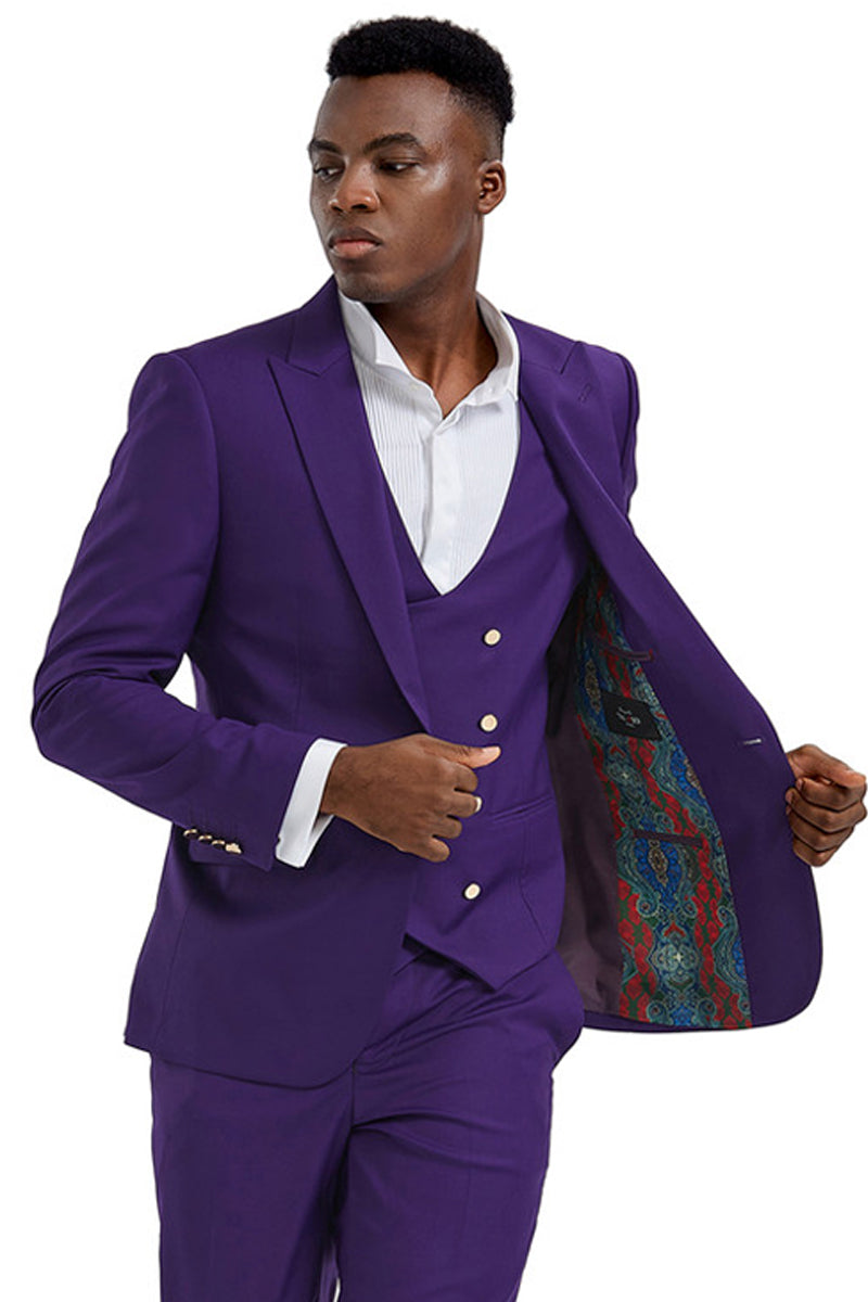 Men’s One Button Peak Lapel Vested Suit with Gold Buttons in Purple
