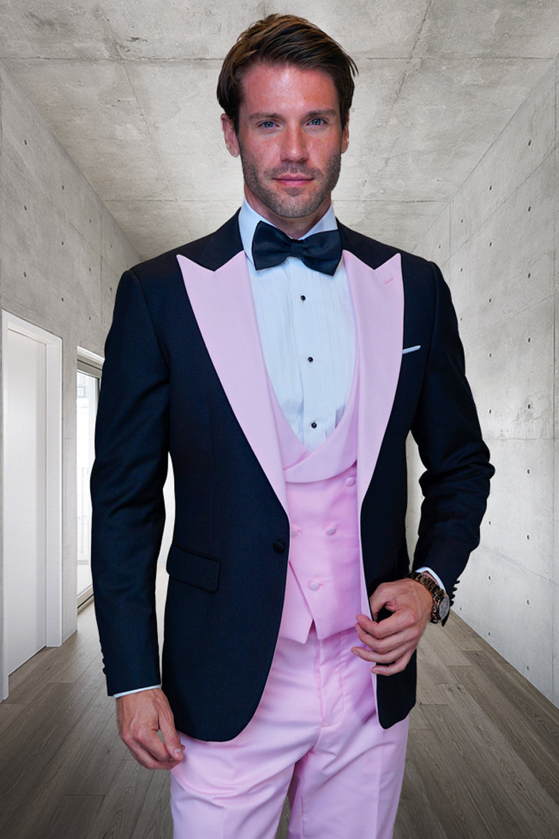 Men’s Designer Vested Contrast Peak Lapel Wool Wedding & Prom Tuxedo in Black & Pink