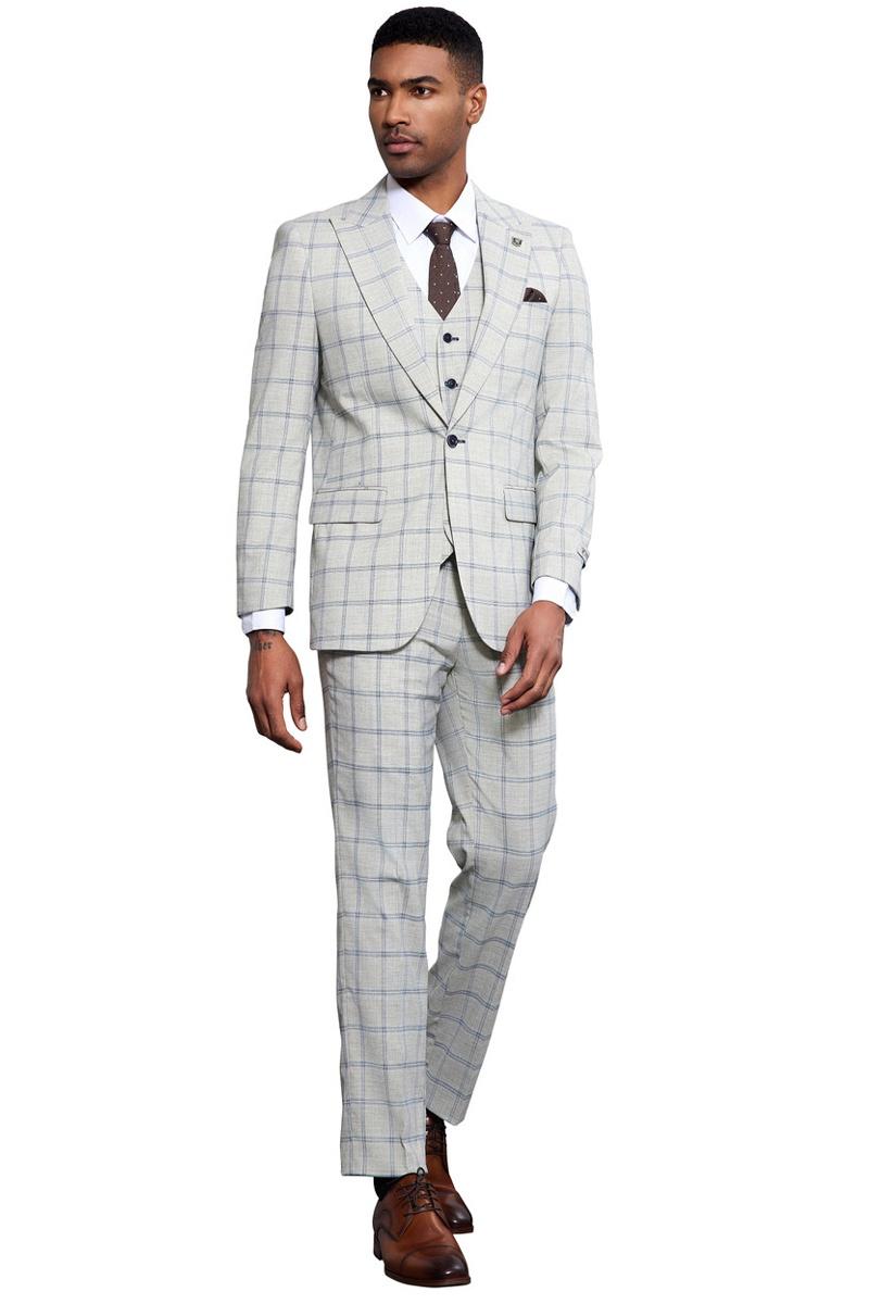 Men’s Stacy Adams One Button Peak Lapel Vested Windowpane Plaid Suit in Grey & Blue
