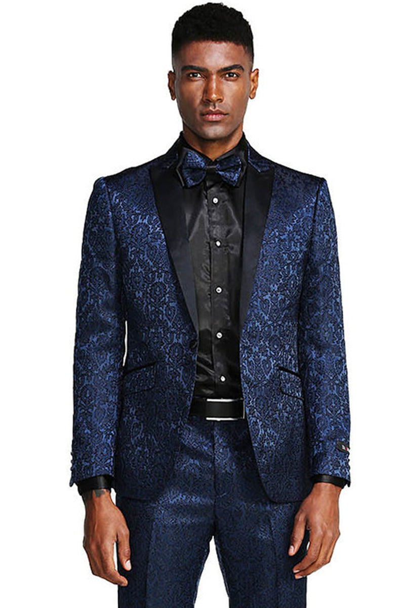 Men’s One Button Slim Fit Paisley Wedding & Prom Tuxedo in Navy Blue