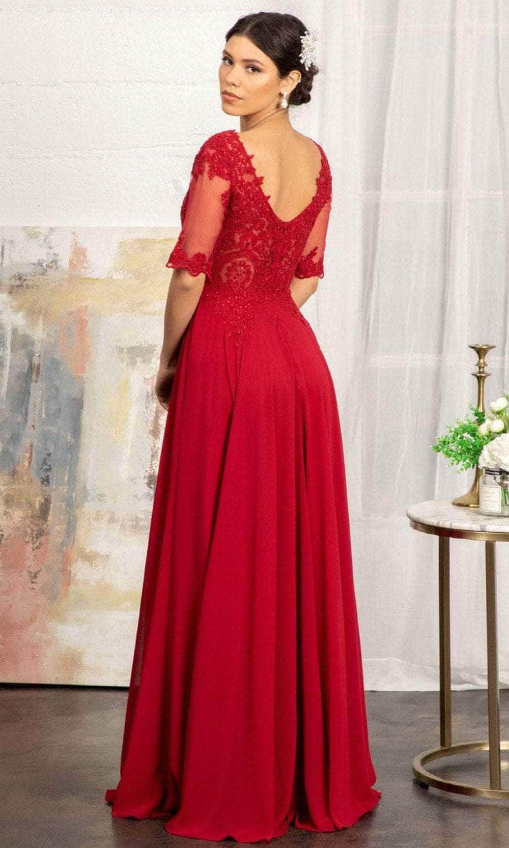 Sheer Quarter Sleeve Lace Applique Evening Dress