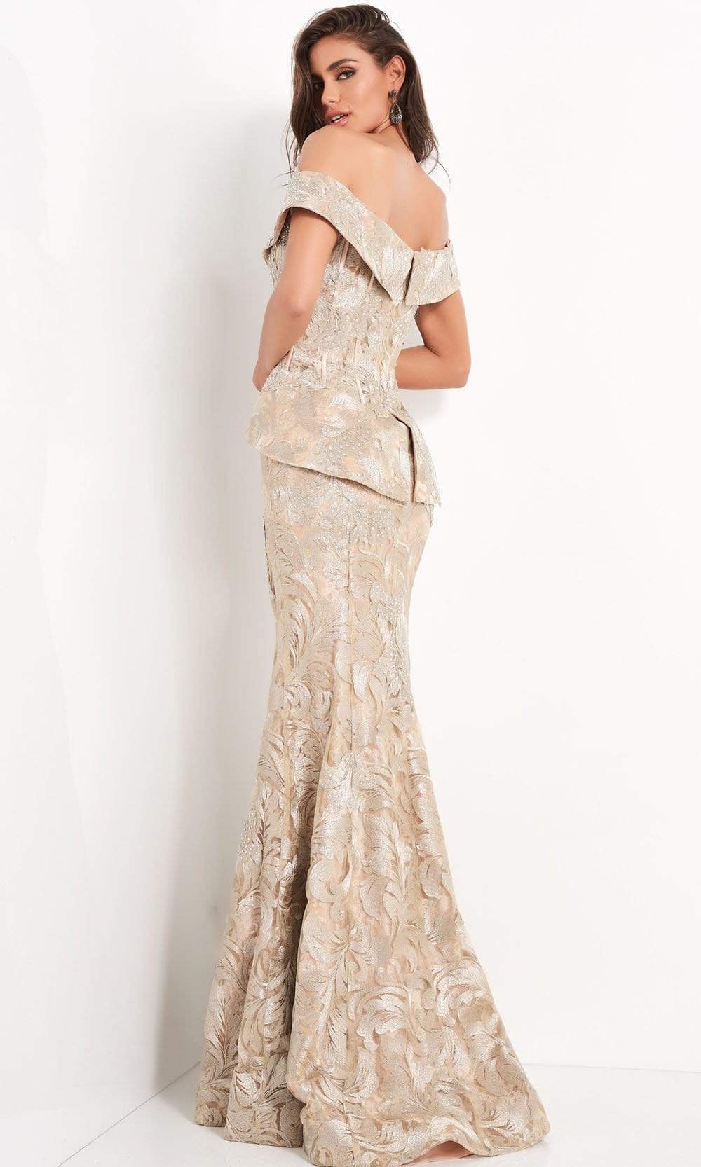 02762 Off Shoulder Corset Bodice Peplum Gown