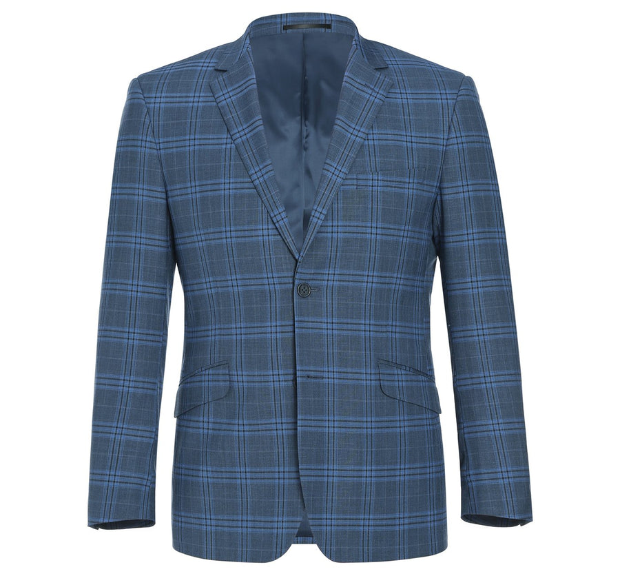 Mens Two Button Slim Fit Two Piece Suit in Blue Windowpane Plaid