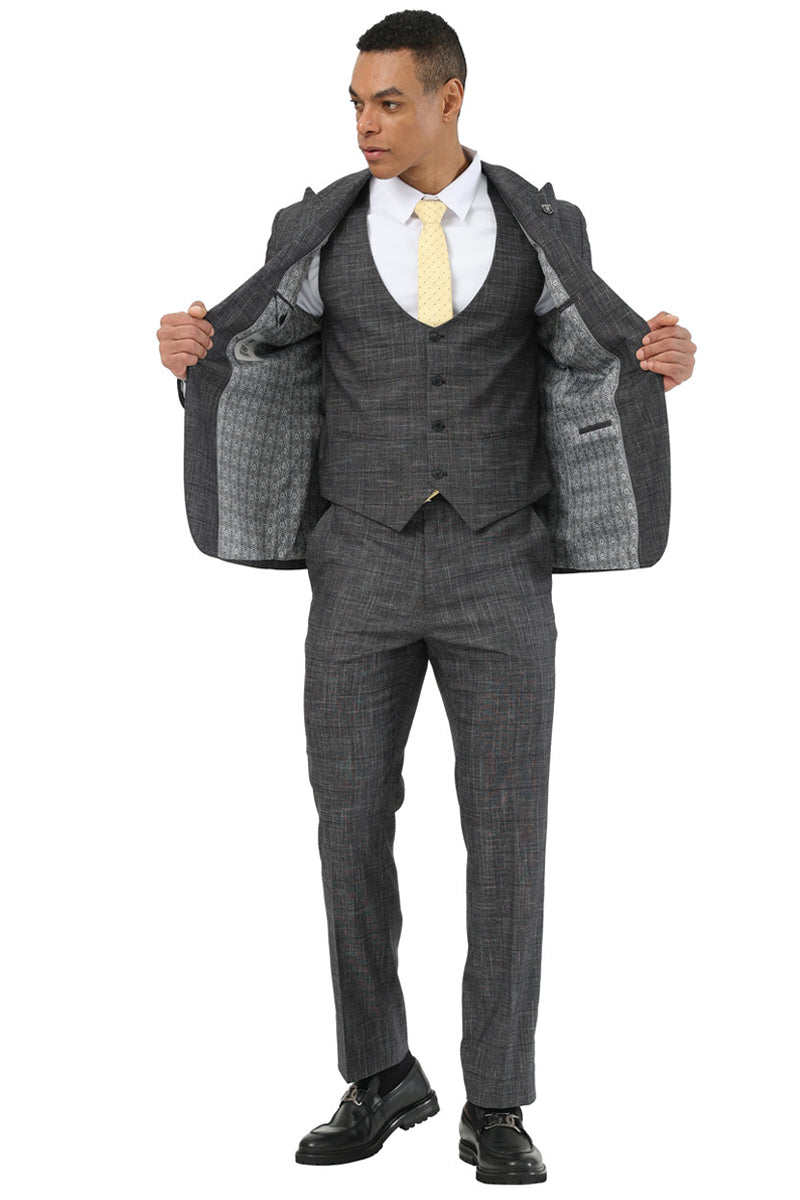 Men’s Stacy Adams One Button Peak Lapel Vested Suit in Black Sharkskin Windowpane