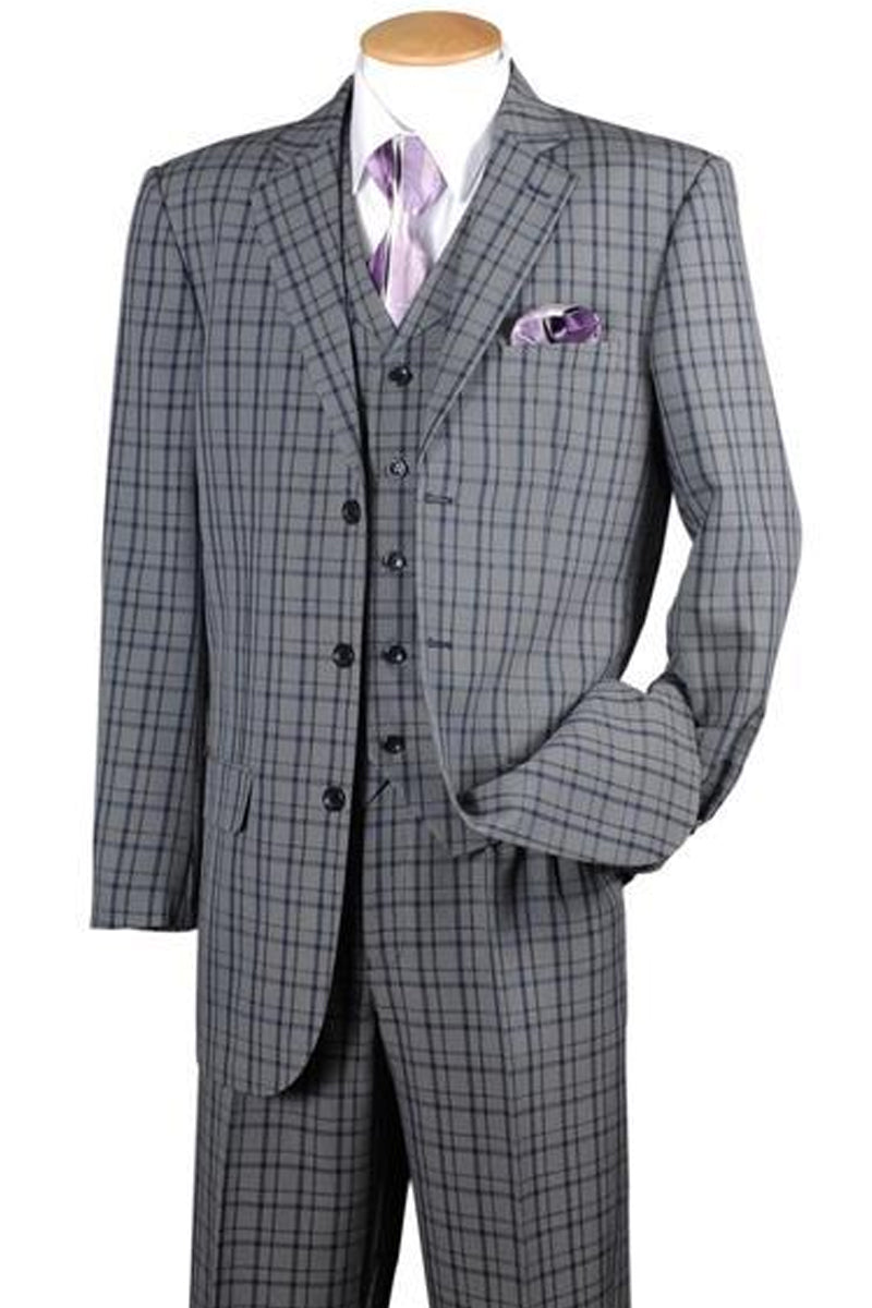 Mens 3 Button Vested Windowpane Plaid Fashion Suit in Black