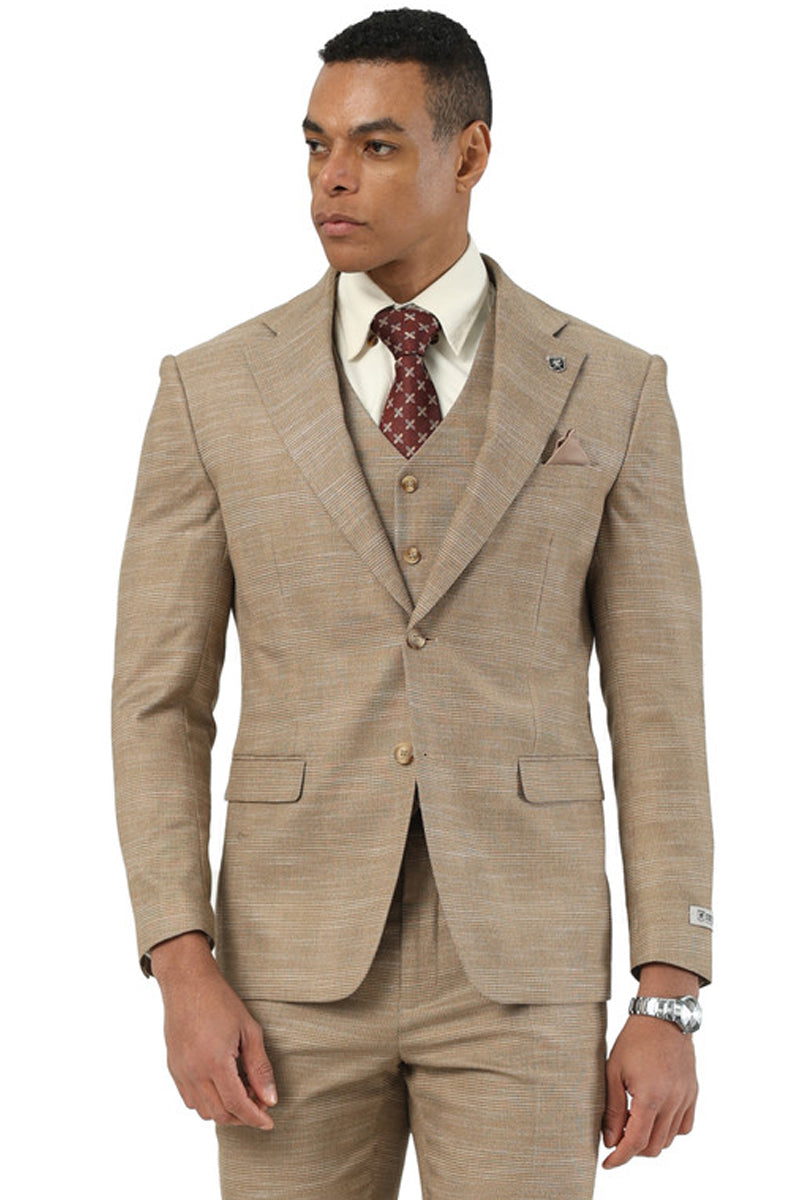 Men’s Stacy Adams Vested Sharkskin Pattern Business Suit in Tan