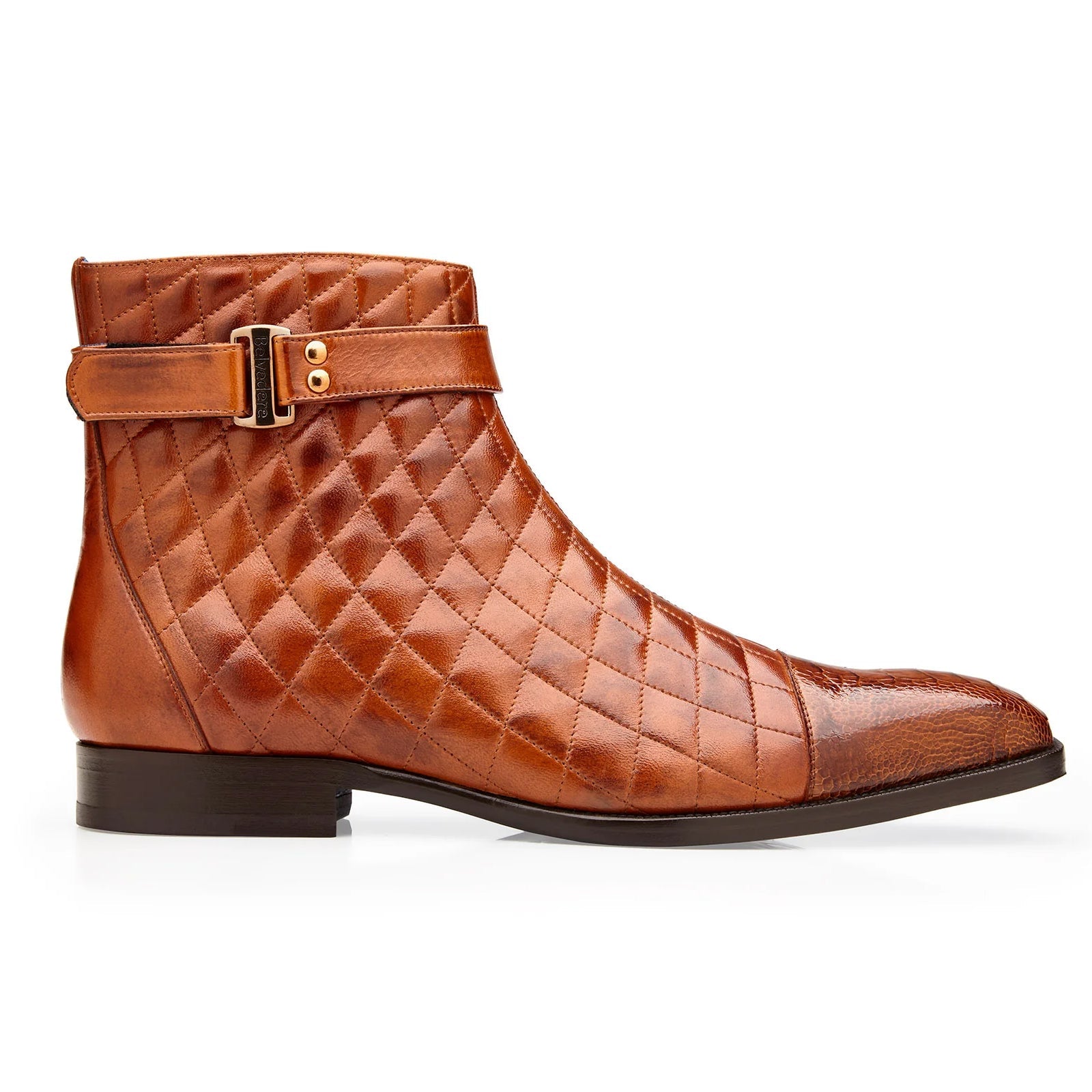 Men’s Belvedere Libero Quilted Leather & Ostrich Leg Cap Toe Chelsea Boot in Almond