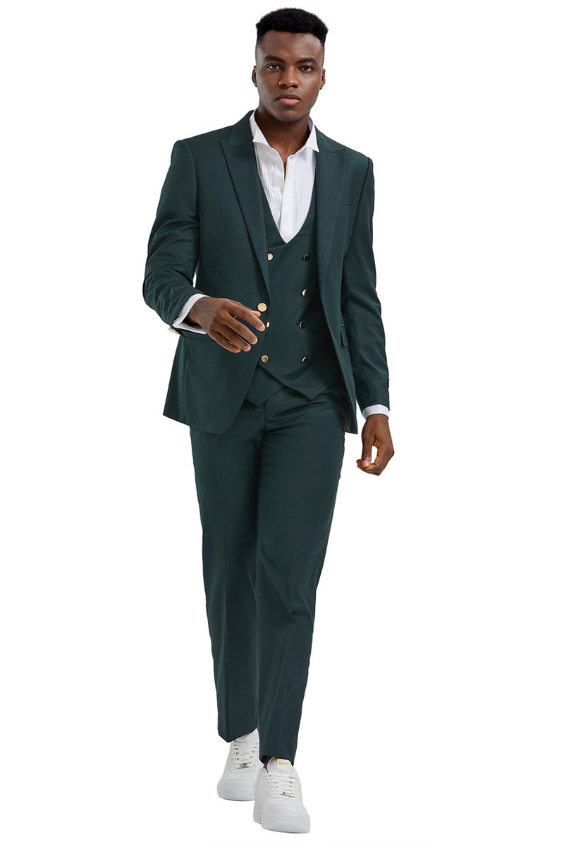 Men’s One Button Peak Lapel Vested Suit with Gold Buttons in Hunter Green