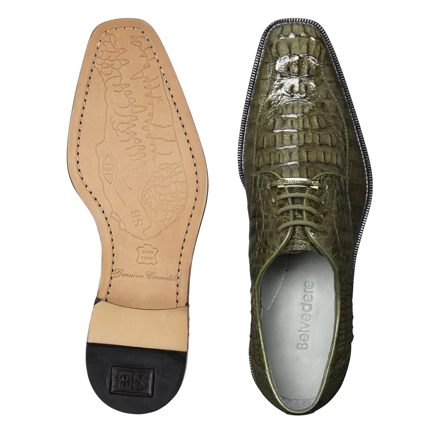 Men’s Belvedere Chapo Hornback Caiman Crocodile Dress Shoe in Olive