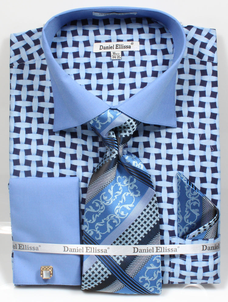Men’s Contrast Collar French Cuff Lattice Pattern Dress Shirt & Tie Set in Blue