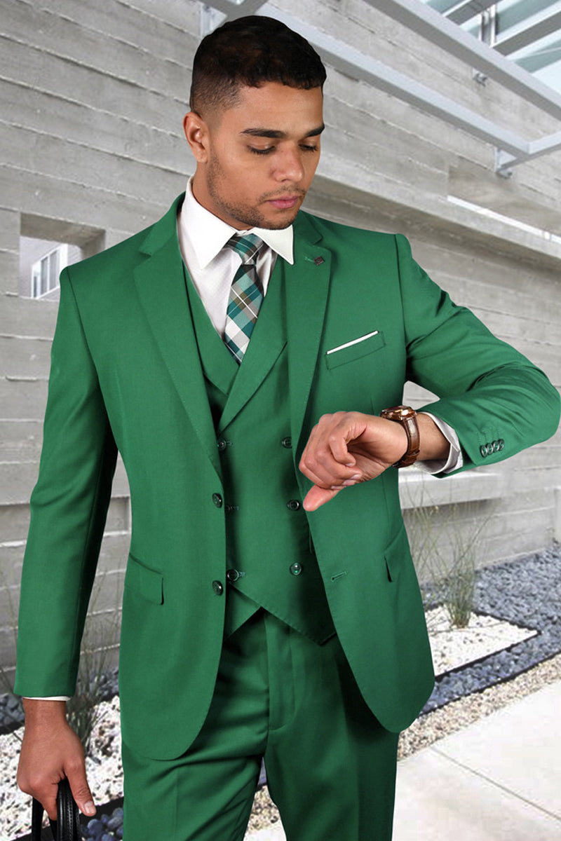 Men’s Designer Modern Fit Double Breasted Vest Wool Wedding Suit in Kelly Green