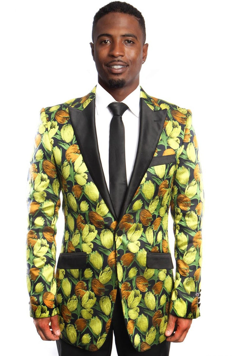 Men’s One Button Tulip Floral Print Tuxedo Jacket in Blue