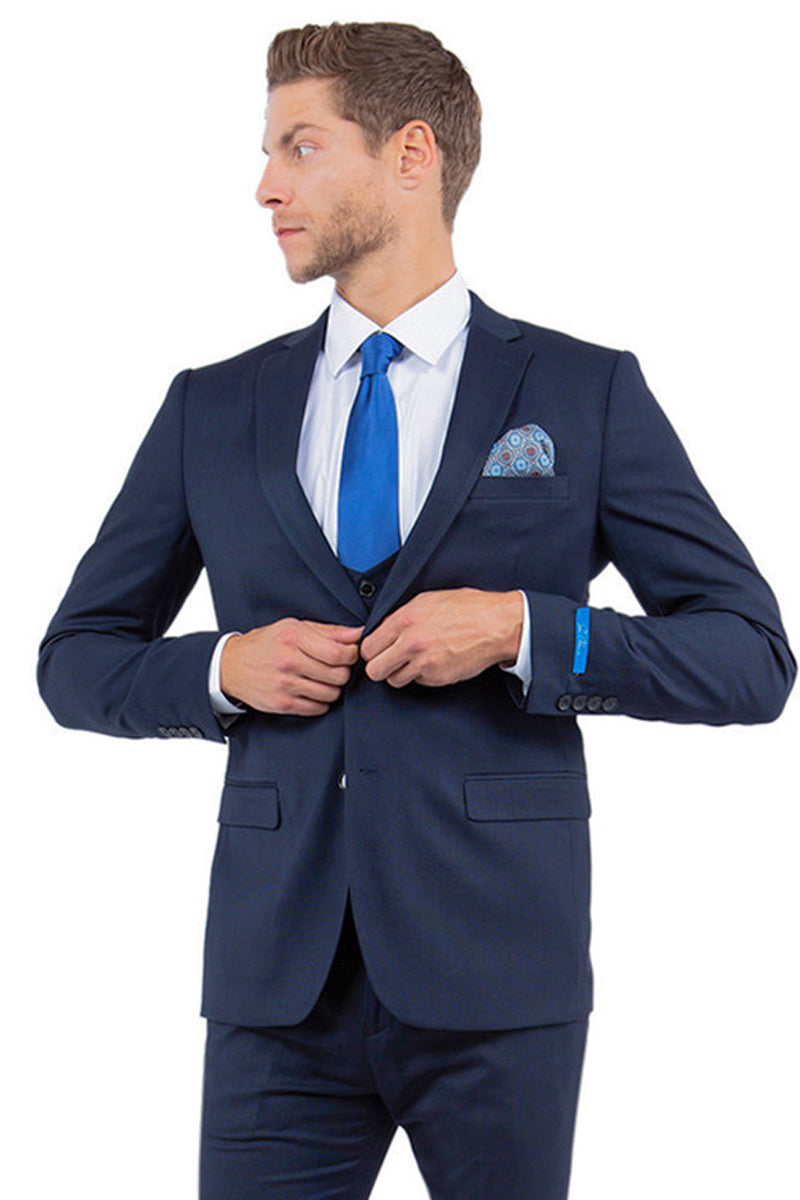 Men’s Two Button Vested Sharkskin Suit with a Scoop Vest in Navy Blue