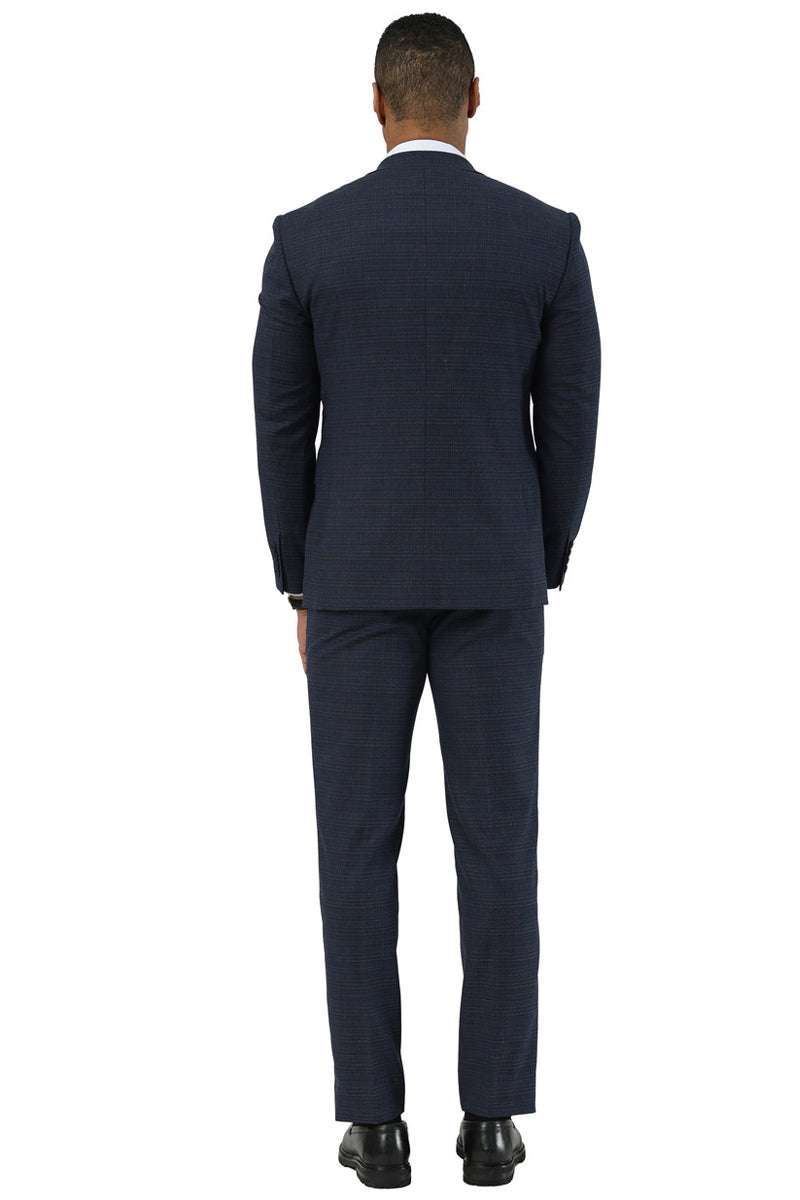 Men’s Stacy Adams Two Button Peak Lapel Suit with Scoop Vest in Navy Glen Plaid