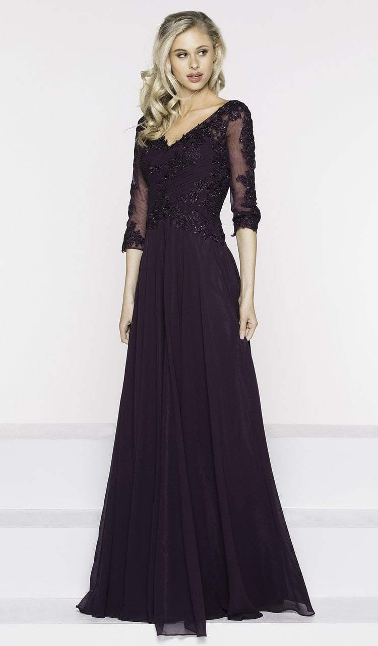 M237 V-Neck Beaded Lace Applique Chiffon Dress