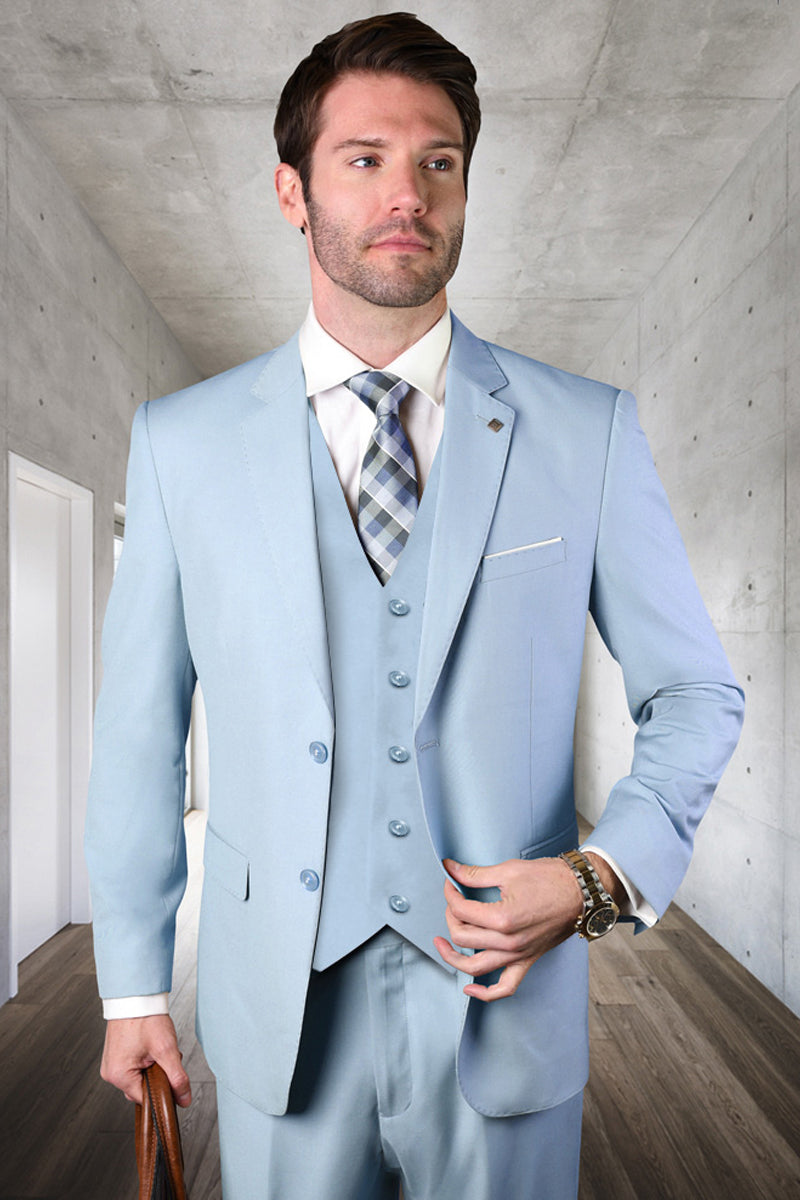 Men’s Designer Vested Modern Fit Wool Business & Wedding Suit in Powder Blue