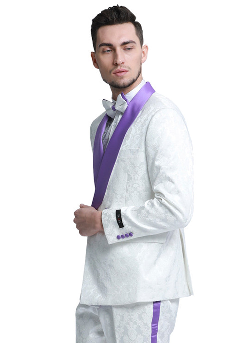 Men’s Slim Fit Double Breasted Paisley Smoking Jacket Prom & Wedding Tuxedo in White & Purple