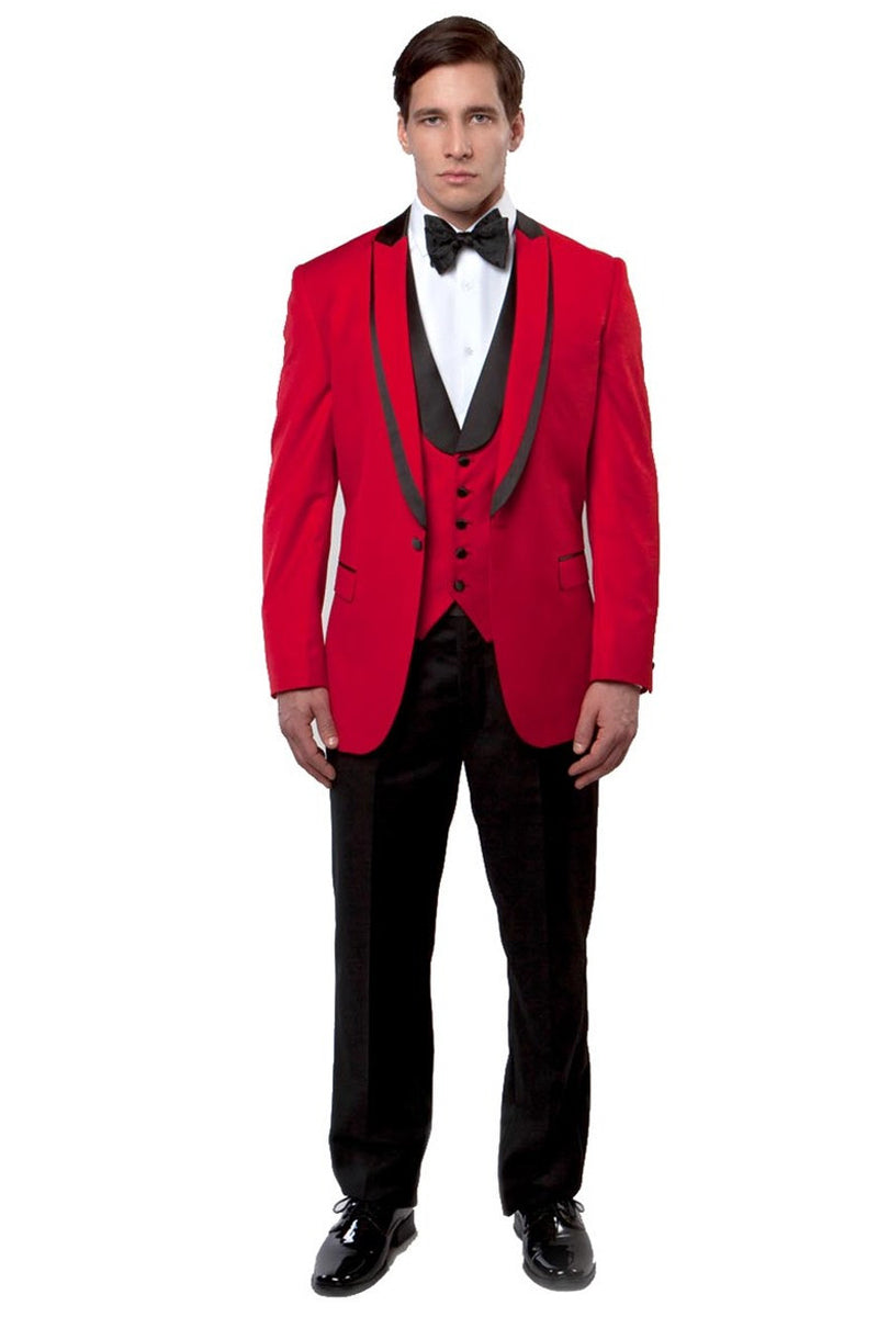 Men’s One Button Satin Trimmed Peak Lapel Vested Fancy Tuxedo in Red