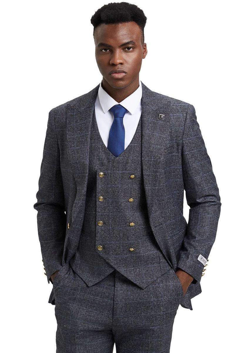Men’s Stacy Adams Peak Lapel Suit with Double Breasted Vest in Charcoal Grey Windowpane Plaid