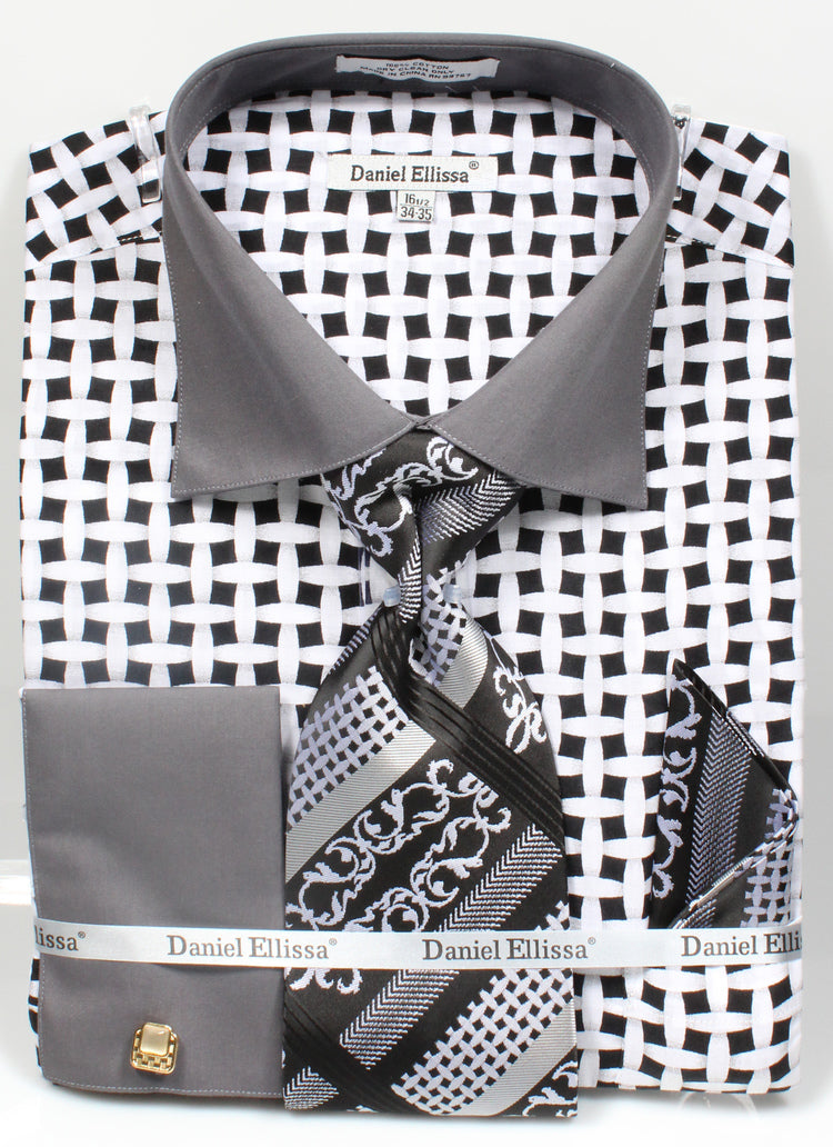 Men’s Contrast Collar French Cuff Lattice Pattern Dress Shirt & Tie Set in Black & White