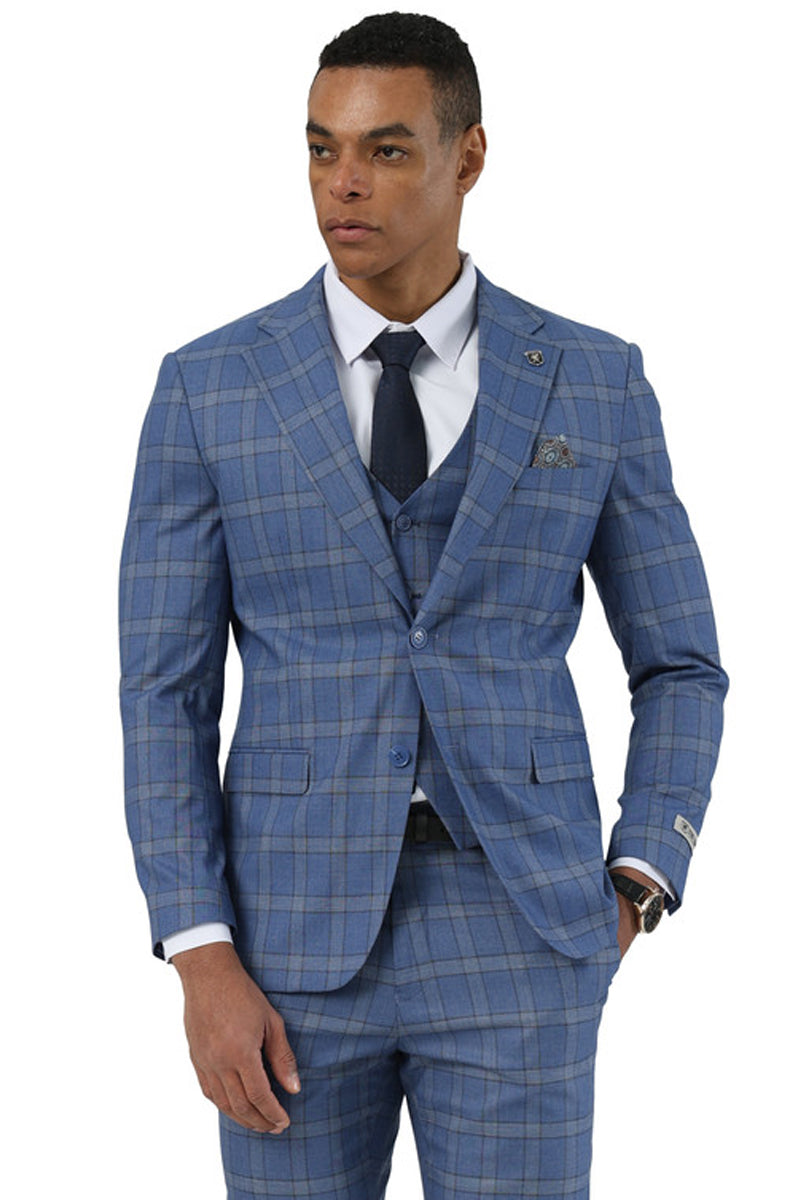 Men’s Designer Stacy Adams Vested Glen Plaid Suit in Blue