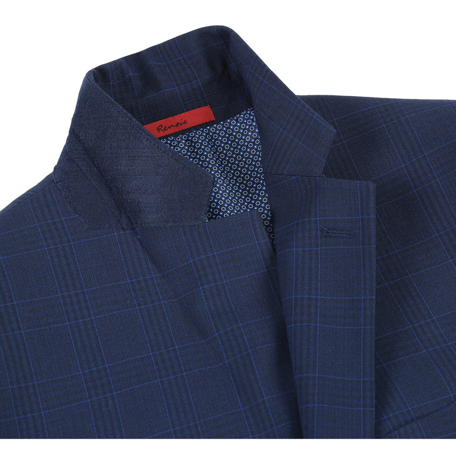 Mens Classic Fit Two Button Suit in Dark Blue Windowpane Plaid Check