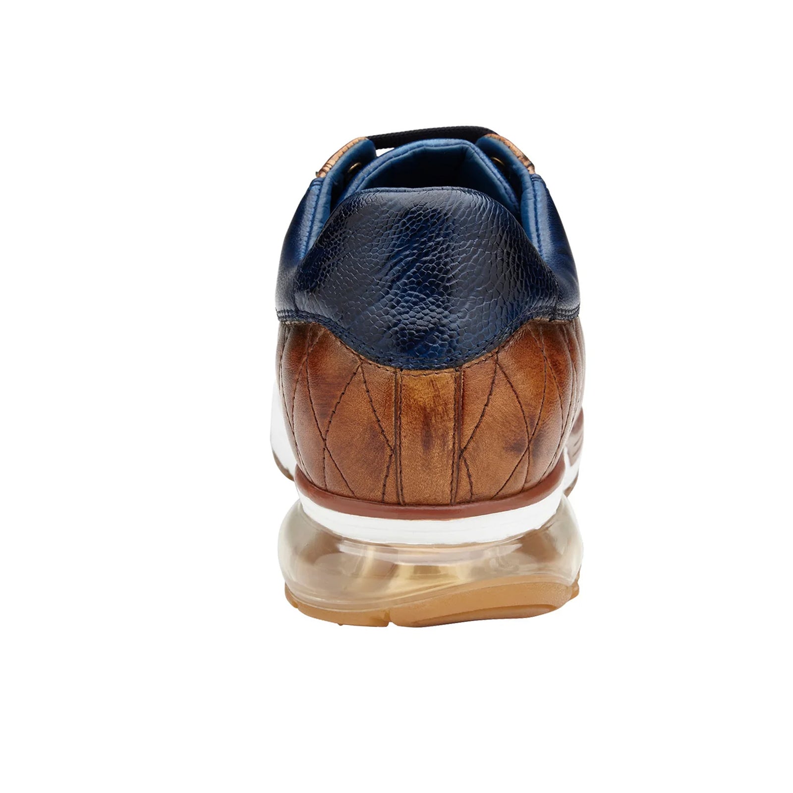 Men’s Belvedere Sacco Ostrich Leg & Quilted Calf Leather Dress Sneaker in Navy & Saddle Tan