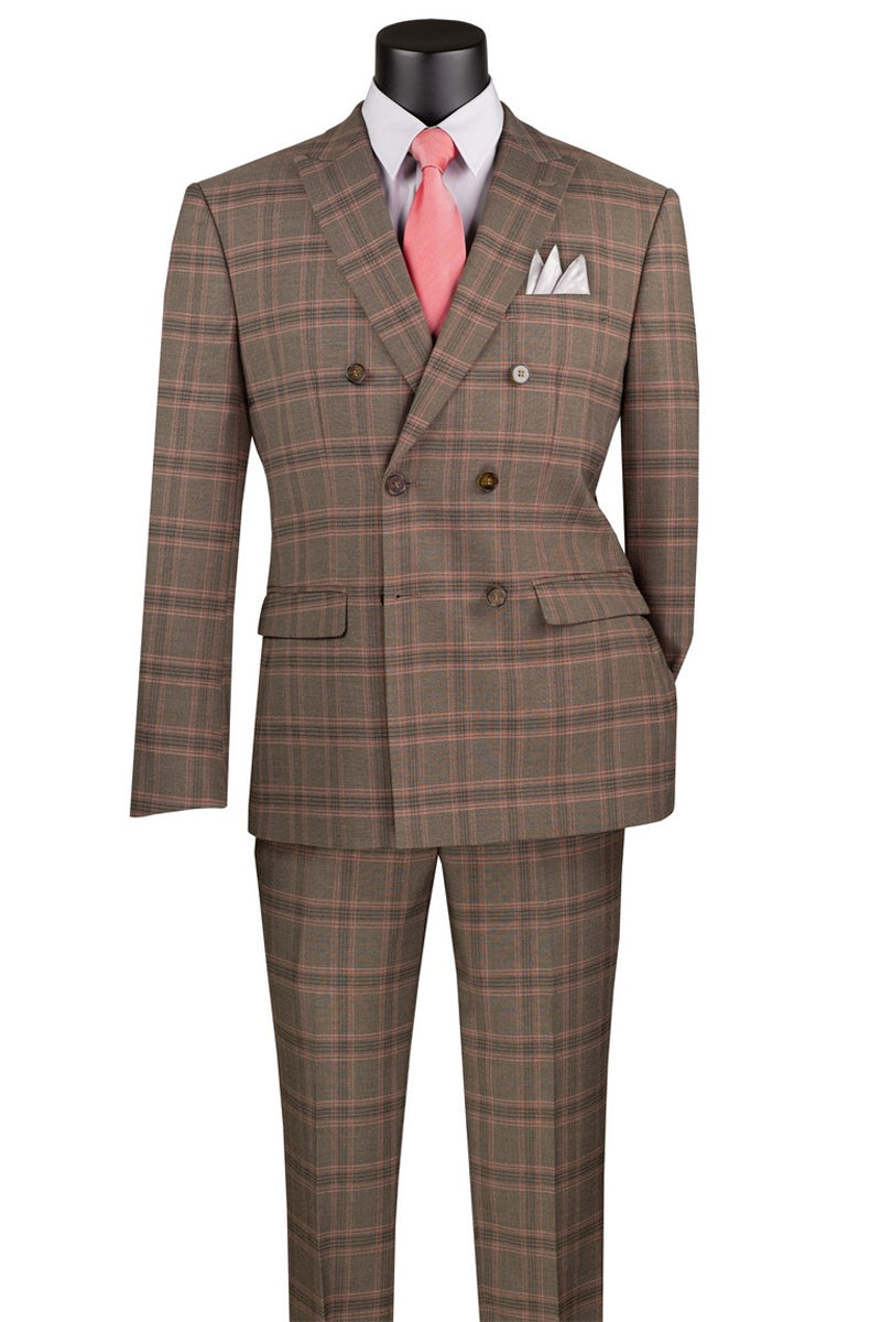 Men’s Modern Fit Double Breasted Stretch Suit in Brown Glen Plaid