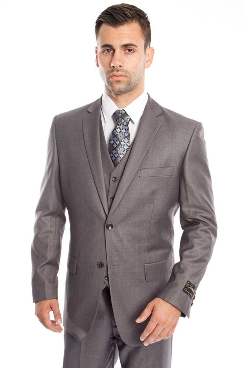 Men’s Vested Two Button Solid Color Wedding & Business Suit in Grey