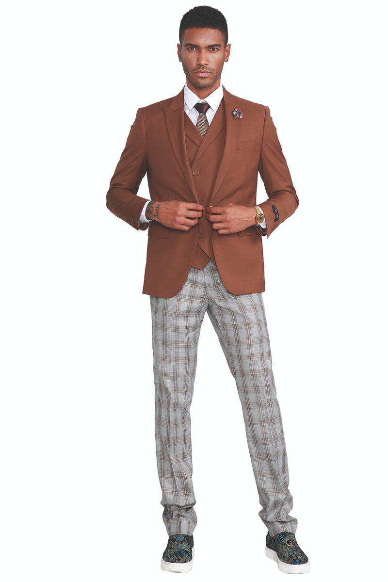 Men’s One Button Vested Peak Lapel Suit in Dark Camel Cognac with Grey & Cognac Plaid Pants