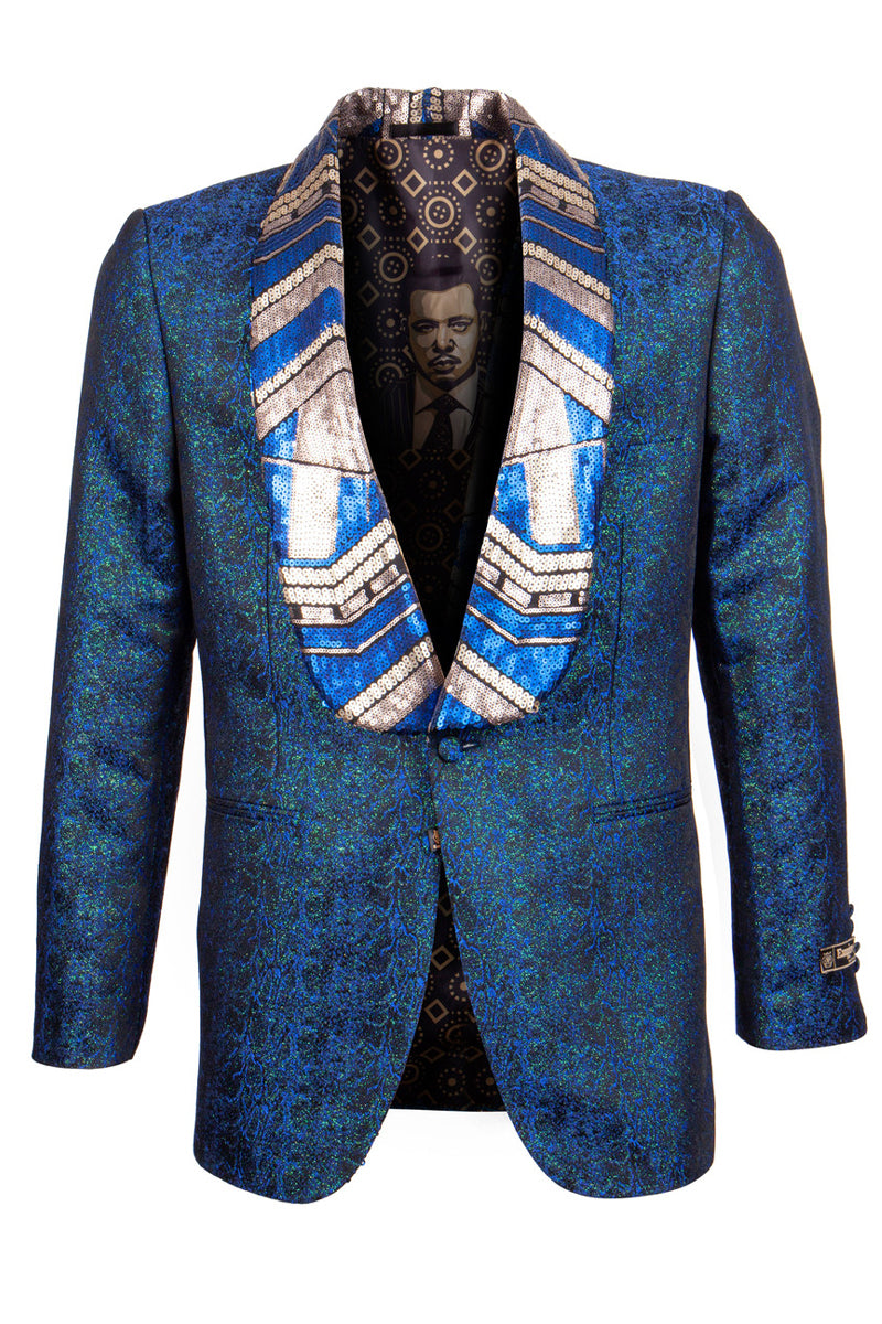 Men’s Shiny Metallic Print Tuxedo Jacket with Egyptian Design Sequin Lapel in Navy