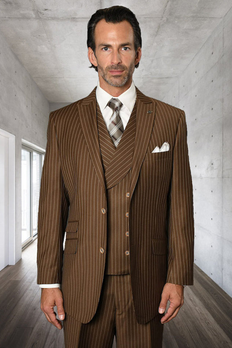 Men’s Designer Wool Pleated Pant Vested Suit in Bold Bronze Gangster Pinstripe