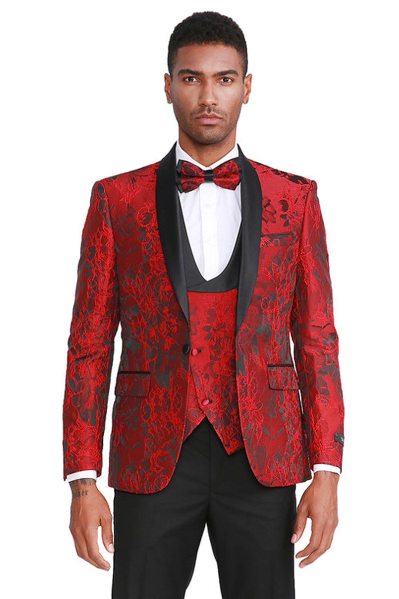 Men’s Slim Fit One Button Vested Paisley Shawl Lapel Prom Tuxedo in Red