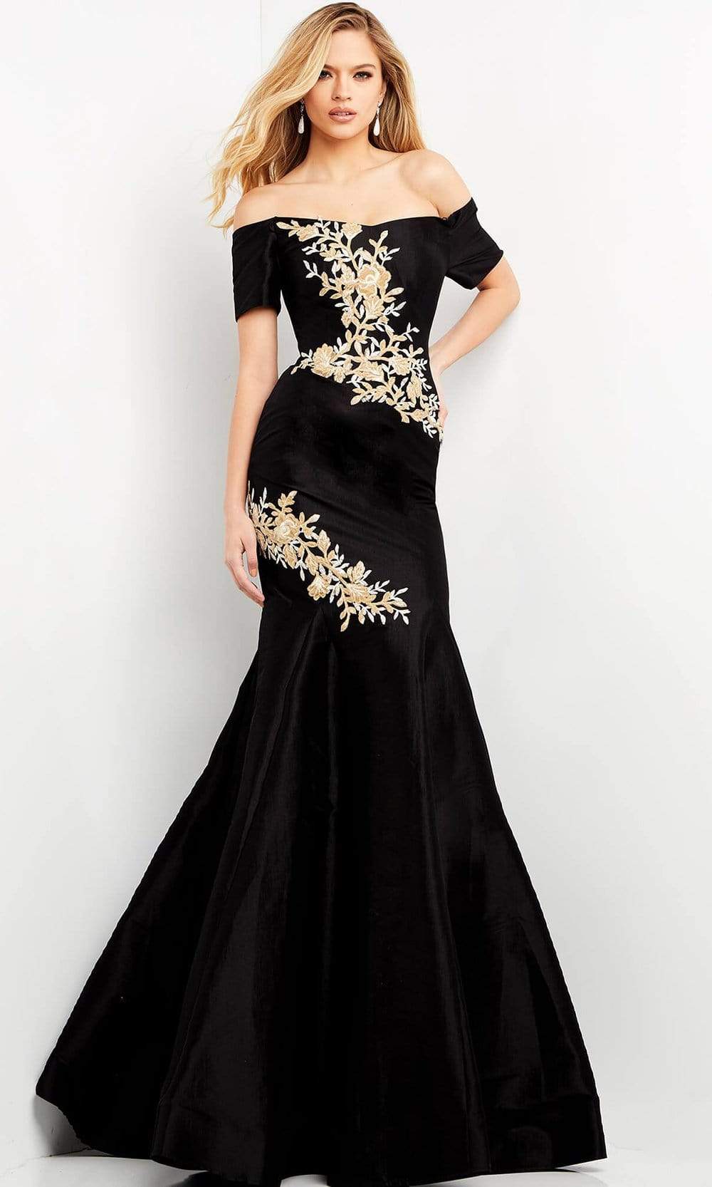04814 Short Sleeve Off Shoulder Embroidered Trumpet Dress