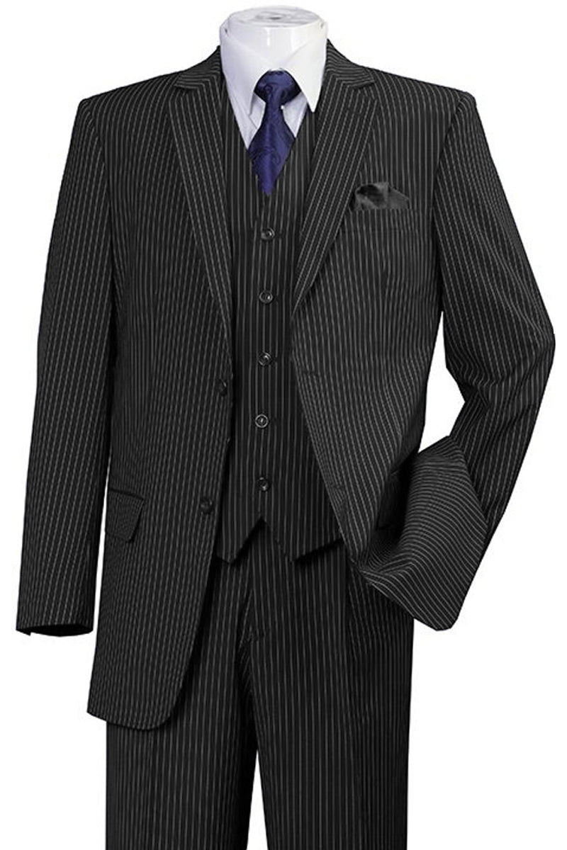 Mens 2 Button Vested 1920’s Bold Gangster Pinstripe Suit in Black
