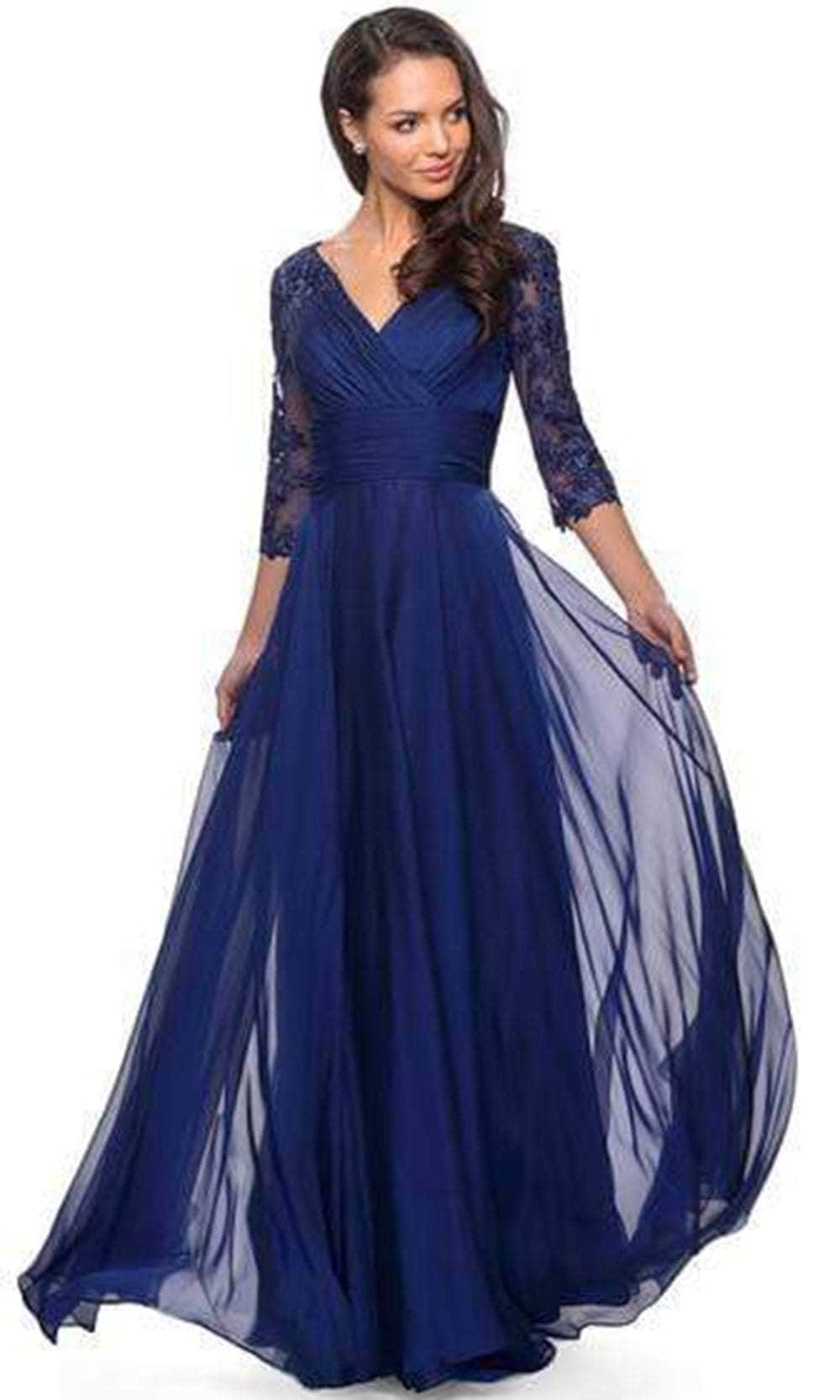 27153 Sheer Lace Quarter Sleeves Empire Waist Chiffon Gown
